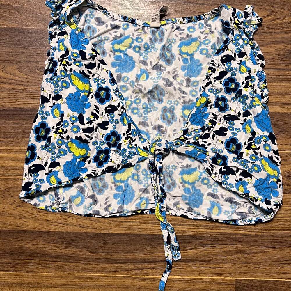Valija Women's Blue and Yellow Floral Print Tie-Front Flutter Sleeve Crop Top